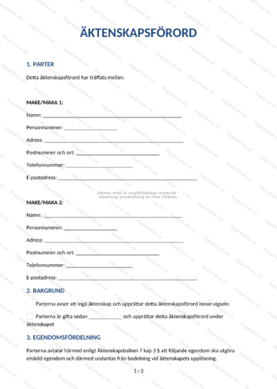 Första sidan av ett äktenskapsförord på A4, skannad sida 1 av 9 med rubrik och löpande juridisk text