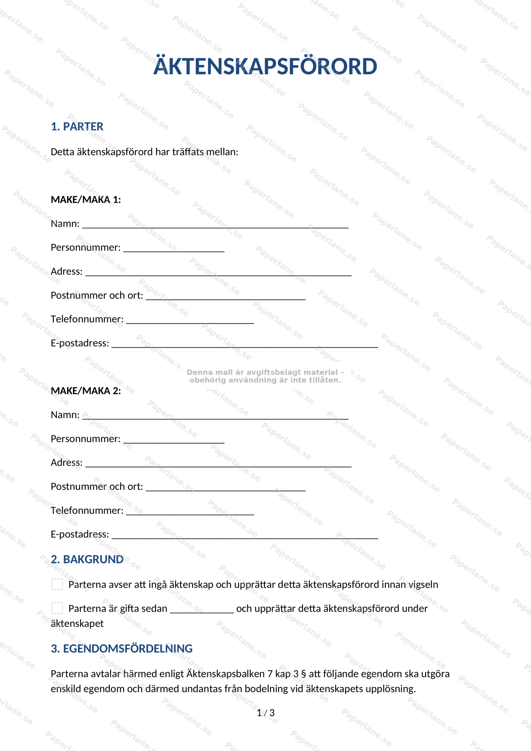 Första sidan av ett äktenskapsförord på A4, skannad sida 1 av 9 med rubrik och löpande juridisk text