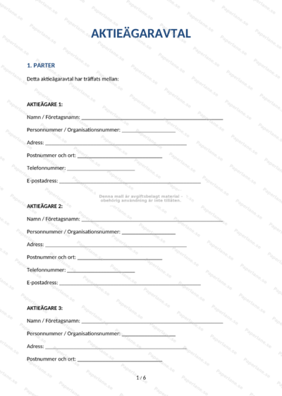 Första sidan av ett aktieägaravtal i A4-format (sida 1 av 6), textdokument