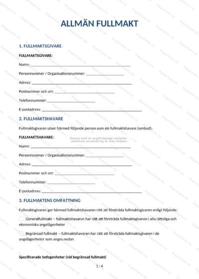 Första sidan av en A4-allmänfullmakt (sida 1/6), formulär med textfält, kryssrutor och plats för underskrift.