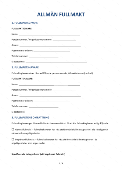 Första sidan av en A4-allmänfullmakt (sida 1/6), formulär med textfält, kryssrutor och plats för underskrift.