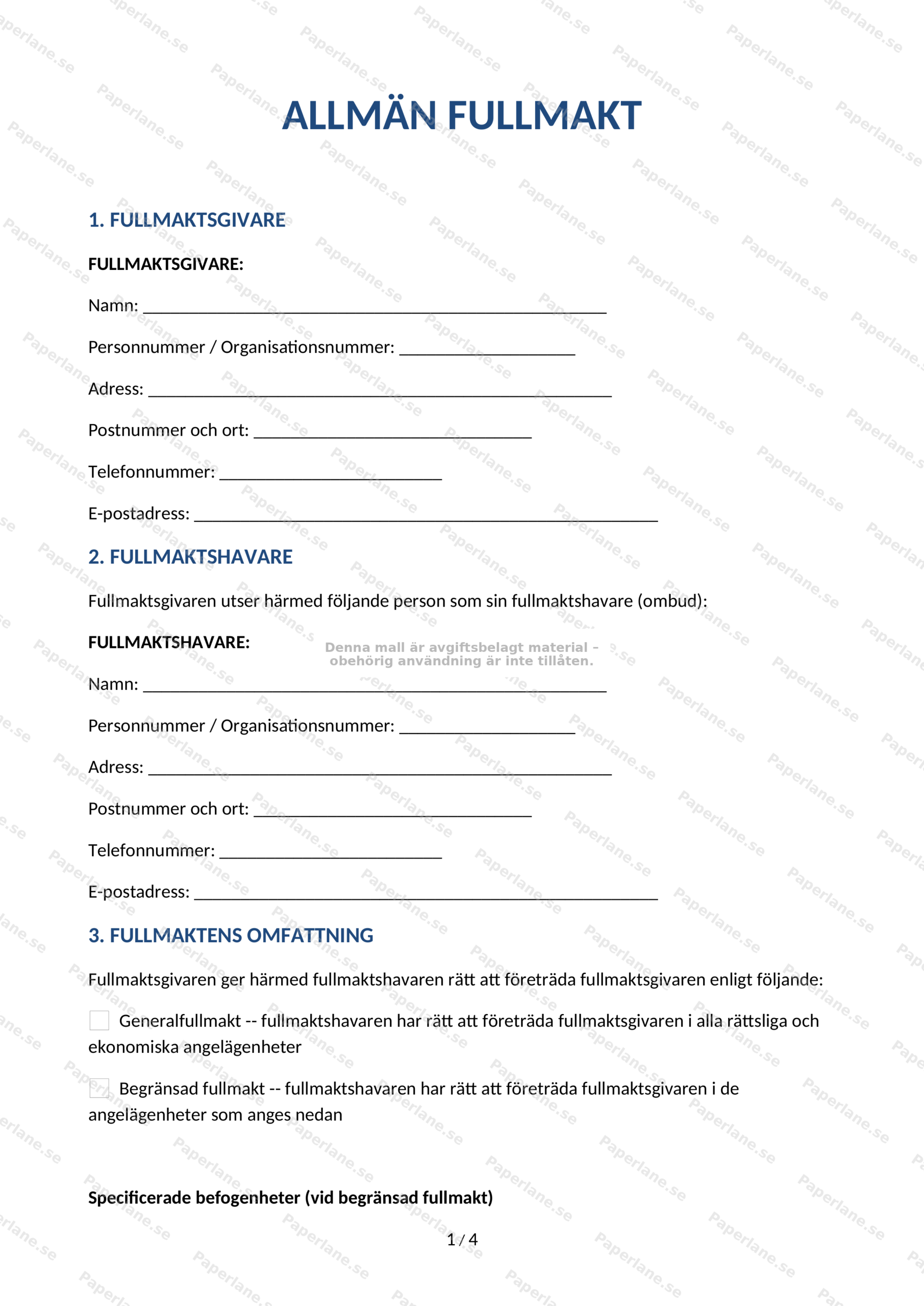 Första sidan av en A4-allmänfullmakt (sida 1/6), formulär med textfält, kryssrutor och plats för underskrift.