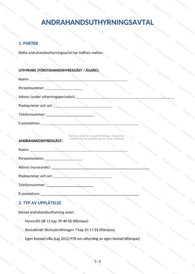 Första sidan av ett A4-andrahandsuthyrningsavtal med text, blanketter och underskriftsfält