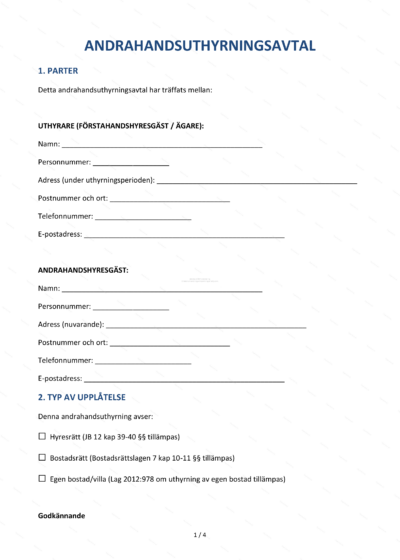Första sidan av ett A4-andrahandsuthyrningsavtal med text, blanketter och underskriftsfält