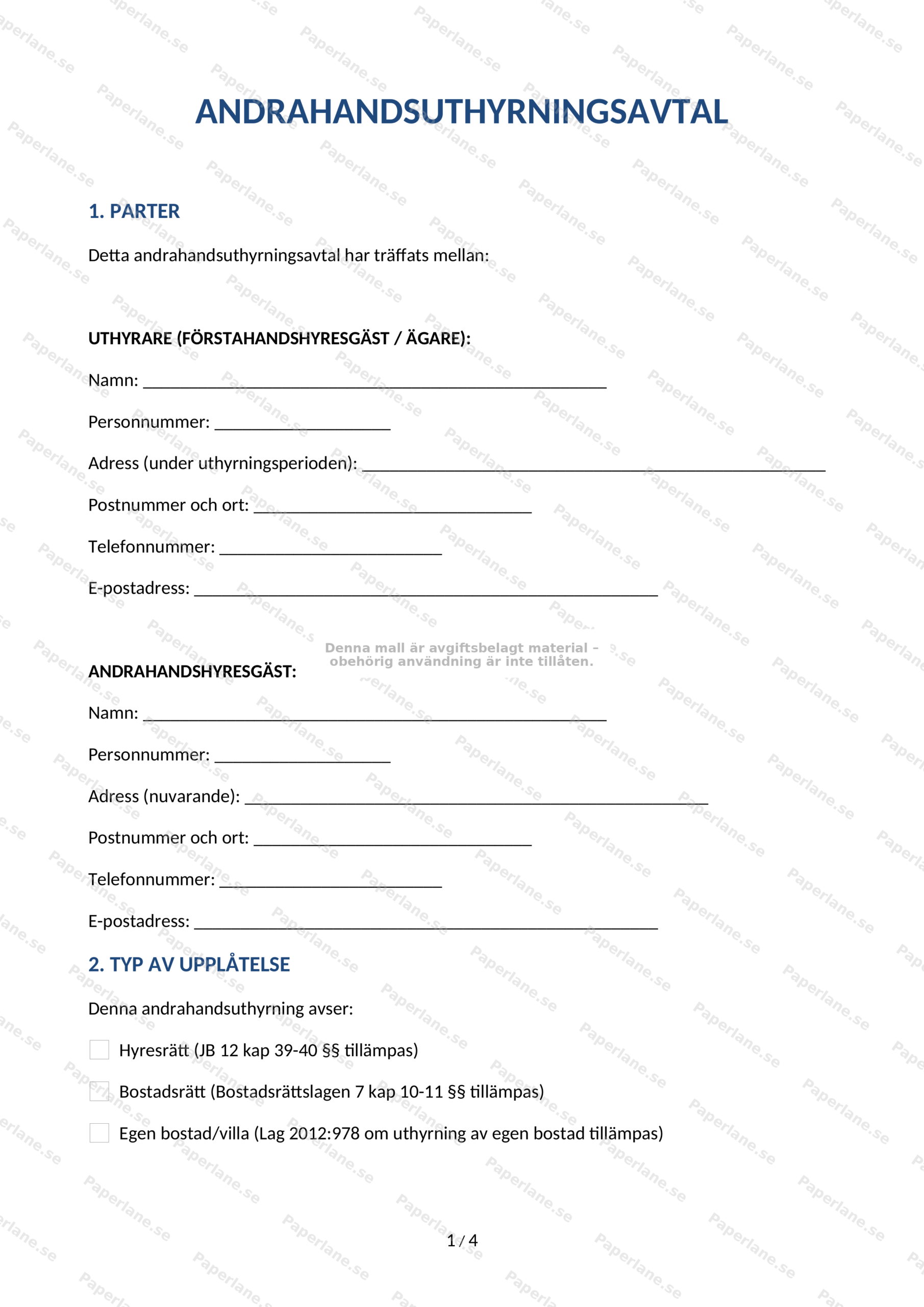 Första sidan av ett A4-andrahandsuthyrningsavtal med text, blanketter och underskriftsfält