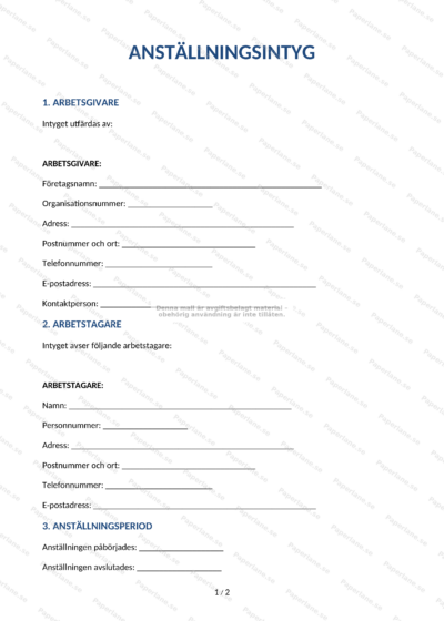 Första sidan av ett A4-anställningsintyg (sida 1 av 5) med text och företagsuppgifter