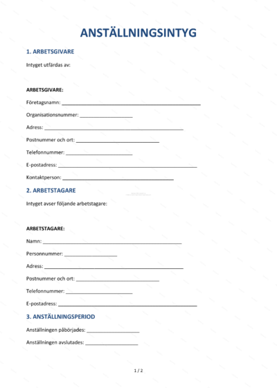 Första sidan av ett A4-anställningsintyg (sida 1 av 5) med text och företagsuppgifter