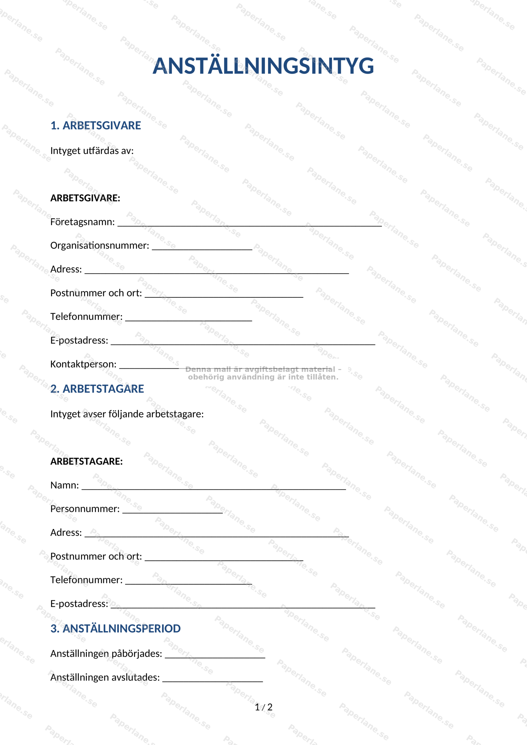 Första sidan av ett A4-anställningsintyg (sida 1 av 5) med text och företagsuppgifter