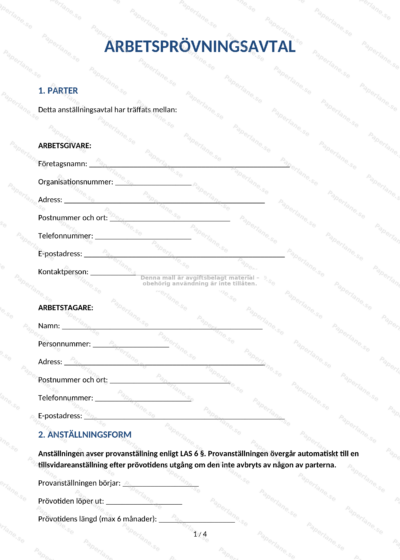 Sida 1 av 5: arbetsprovningsavtal på A4 med rubrik, löpande text och ifyllnadsfält