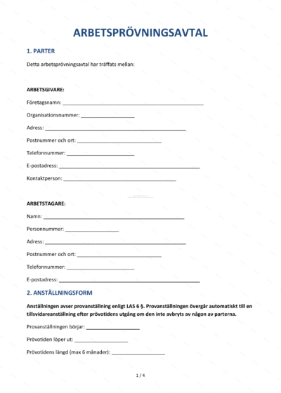 Sida 1 av 5: arbetsprovningsavtal på A4 med rubrik, löpande text och ifyllnadsfält
