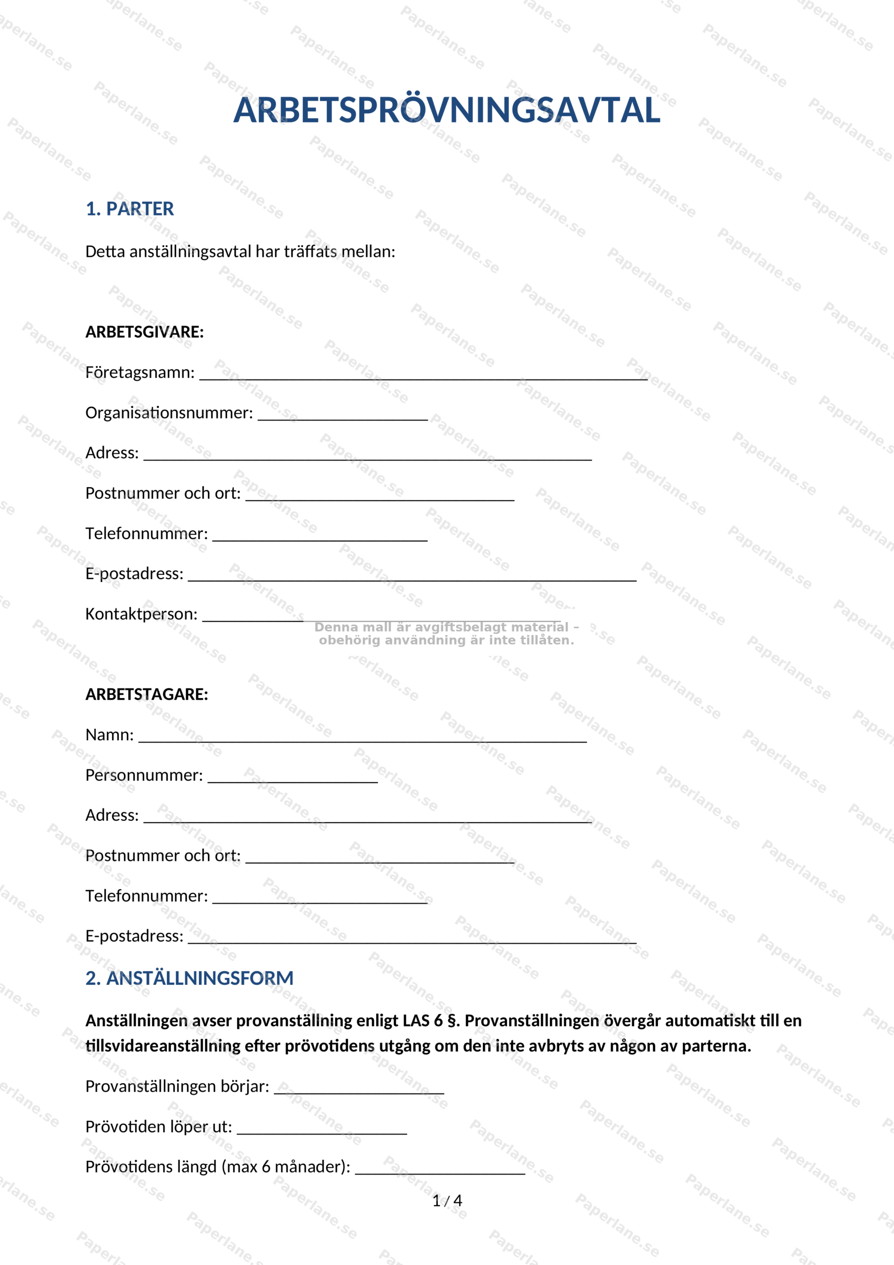 Sida 1 av 5: arbetsprovningsavtal på A4 med rubrik, löpande text och ifyllnadsfält
