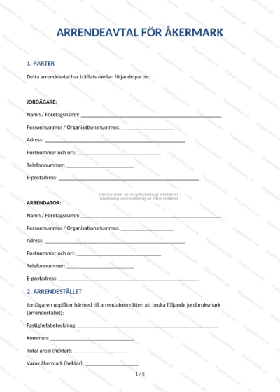 Arrendeavtal för åkermark, A4, sida 1 av 5 (skannad)