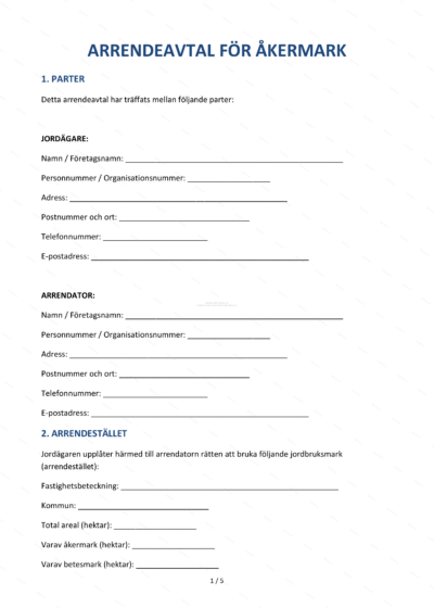 Arrendeavtal för åkermark, A4, sida 1 av 5 (skannad)
