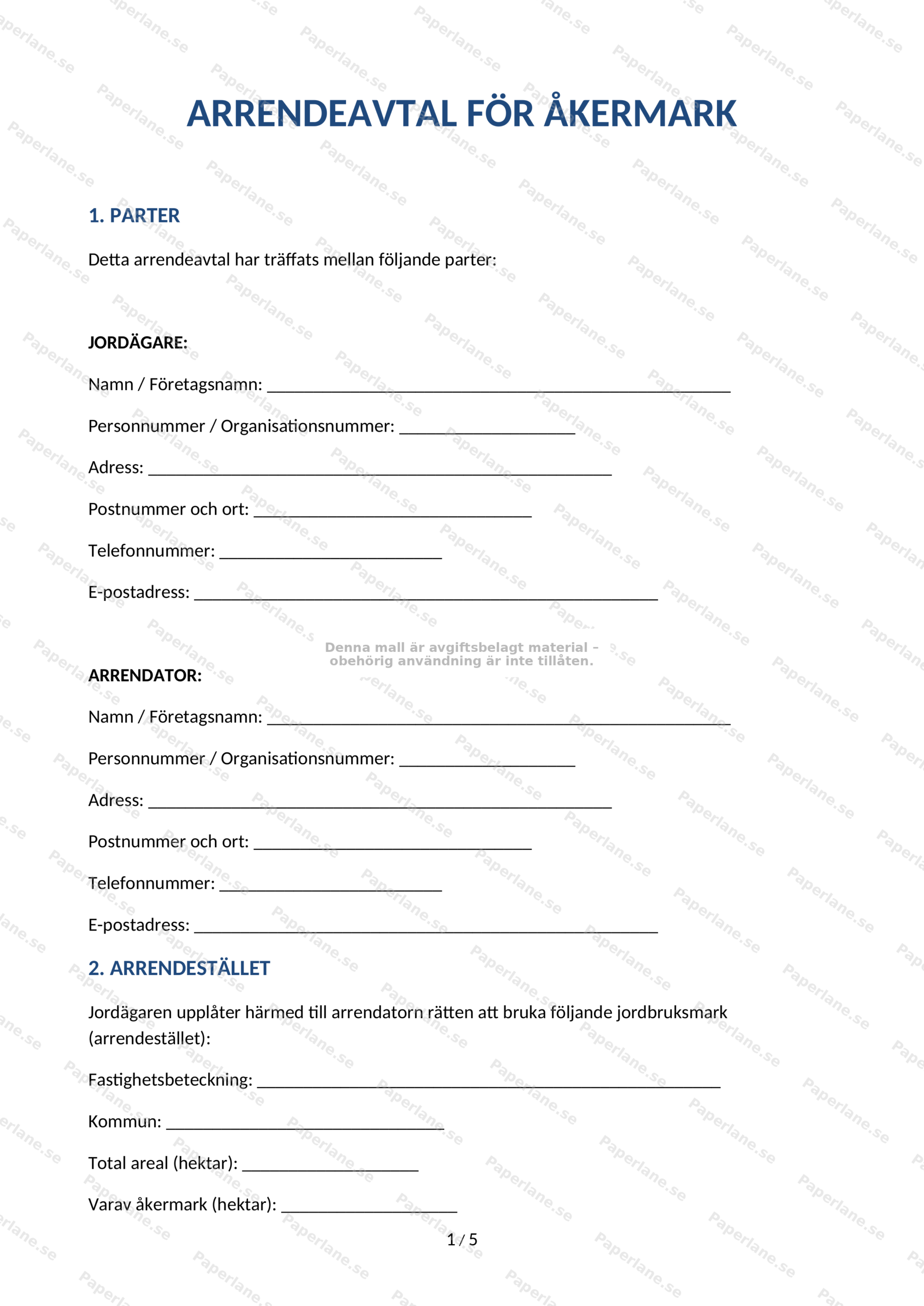 Arrendeavtal för åkermark, A4, sida 1 av 5 (skannad)