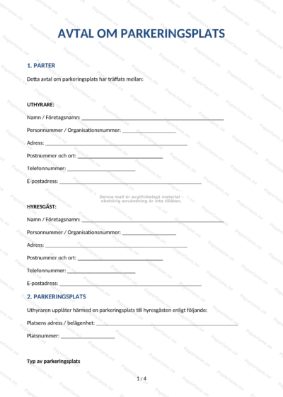 Första sidan av arrendeavtal för parkeringsplats på A4, sida 1 av 5