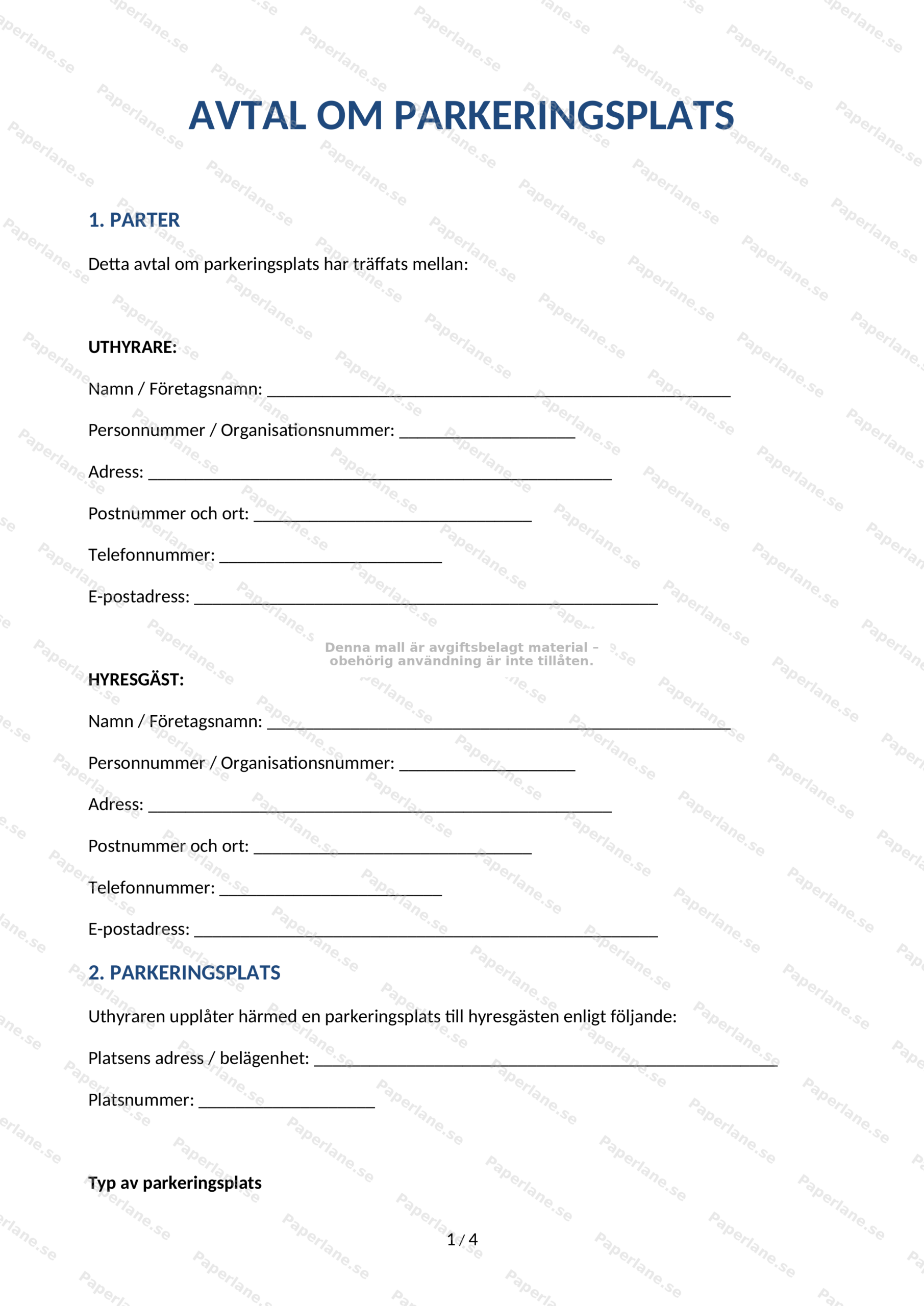 Första sidan av arrendeavtal för parkeringsplats på A4, sida 1 av 5