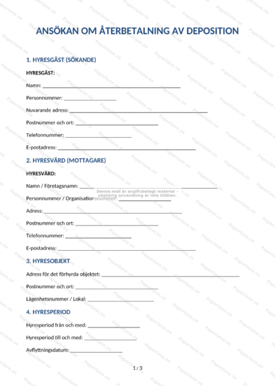 Skannad A4-sida med formulär för återbetalning av deposition, sida 1 av 5 med text och fält för uppgifter