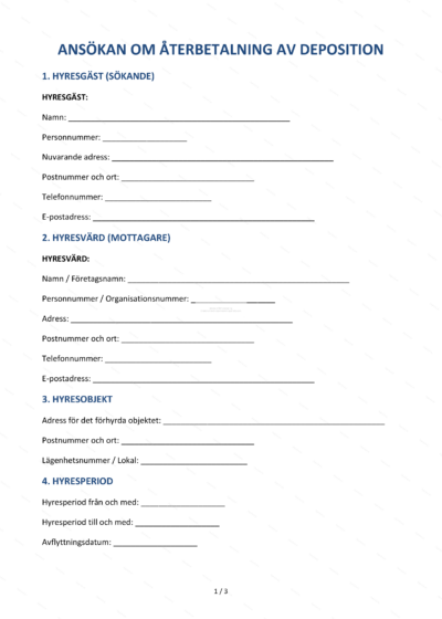 Skannad A4-sida med formulär för återbetalning av deposition, sida 1 av 5 med text och fält för uppgifter