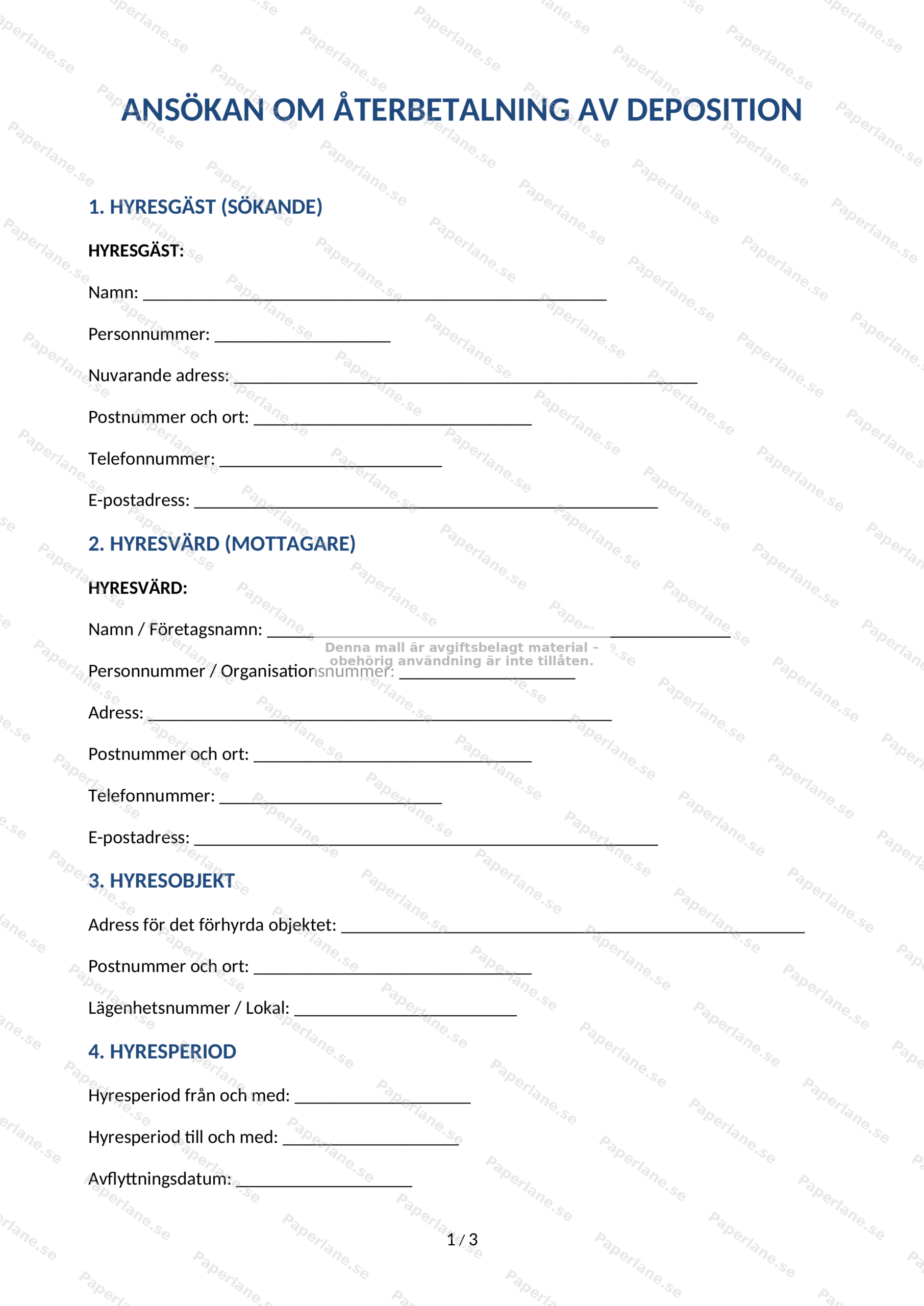 Skannad A4-sida med formulär för återbetalning av deposition, sida 1 av 5 med text och fält för uppgifter