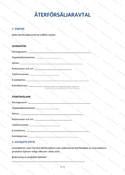 Första sida i ett A4-dokument: återförsäkjaravtal, tryckt text med rubriker och styckeindelning