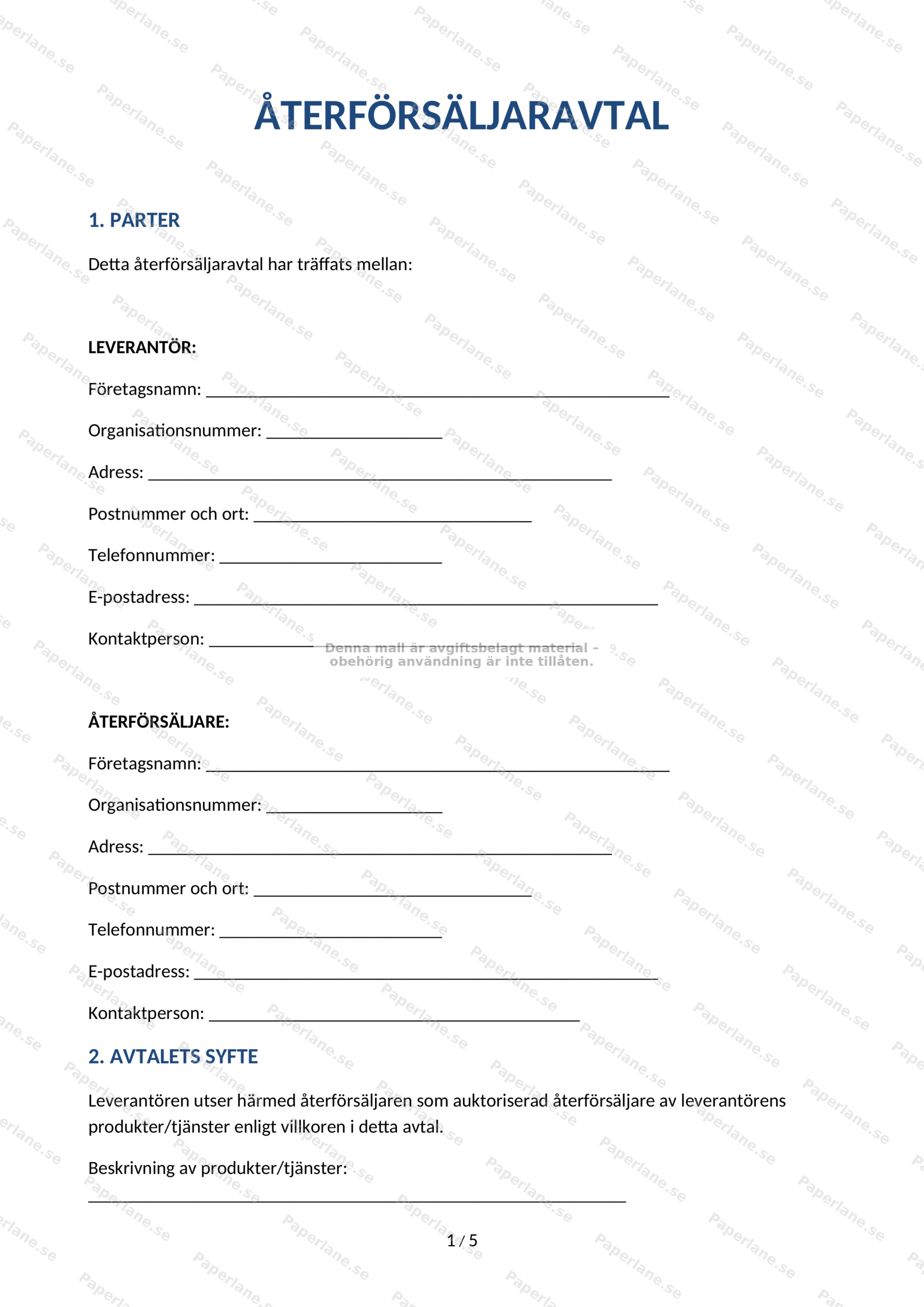 Första sida i ett A4-dokument: återförsäkjaravtal, tryckt text med rubriker och styckeindelning