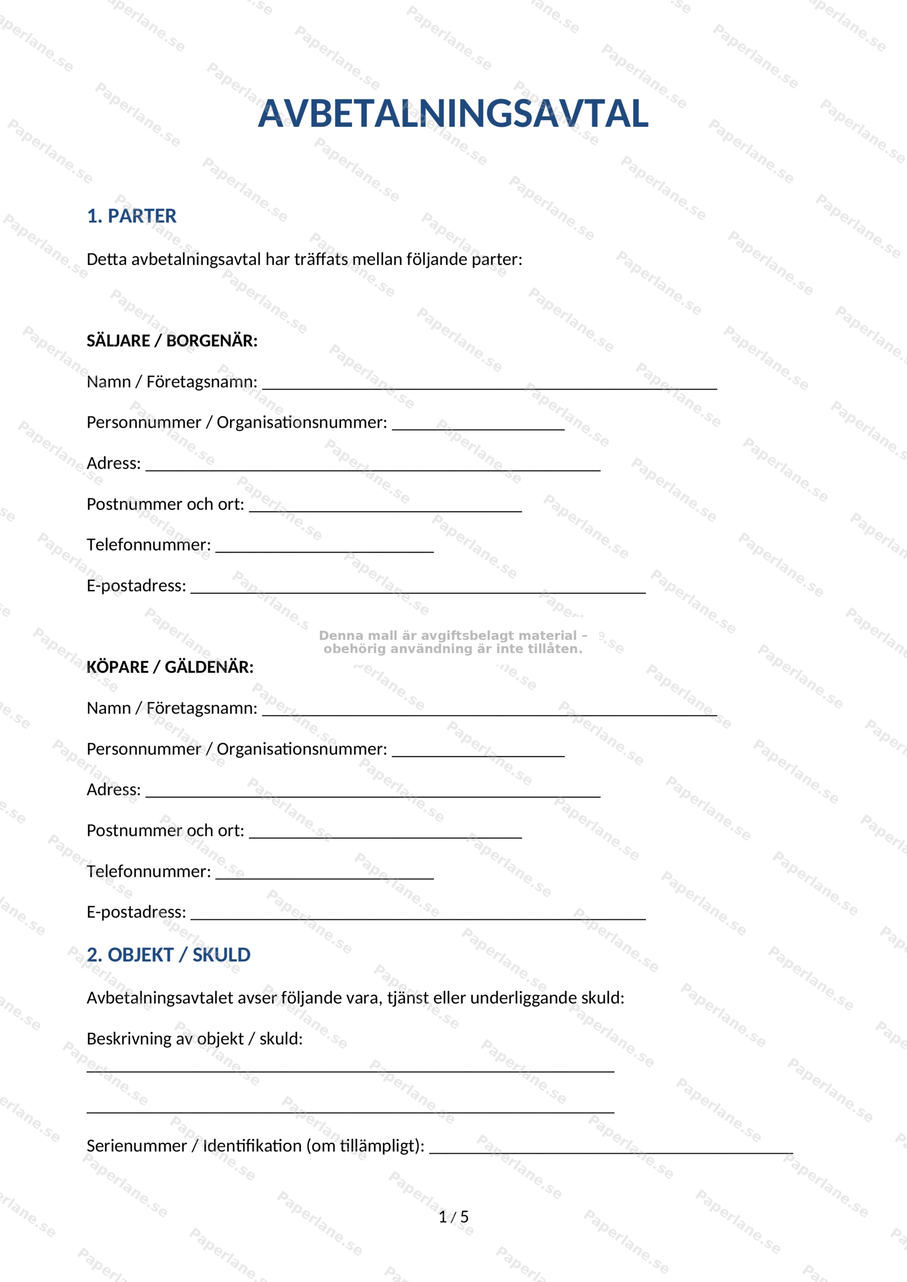 Avbetalningsavtal på A4-format, sida 1 av 5 (skalerad bild)