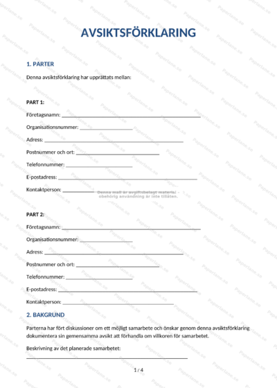Första sidan av en A4-avsiktsförklaring (sida 1 av 5), nedskalad bild