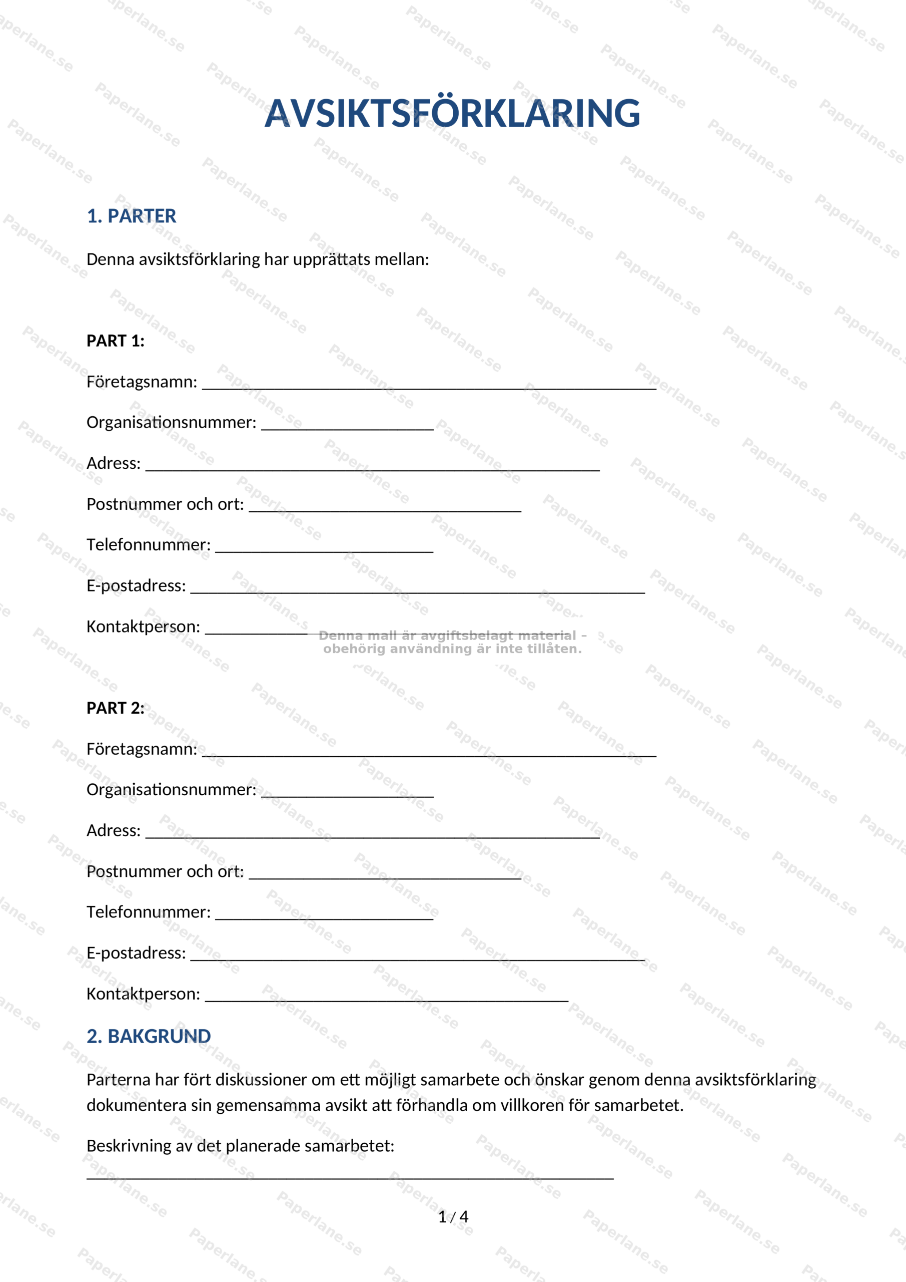 Första sidan av en A4-avsiktsförklaring (sida 1 av 5), nedskalad bild