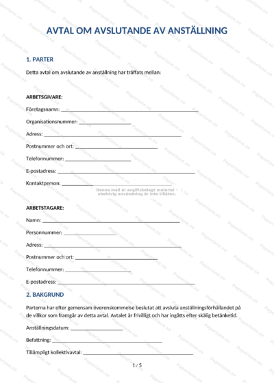 Första sidan av A4-avtal om avslutande av anställning (sida 1 av 5)