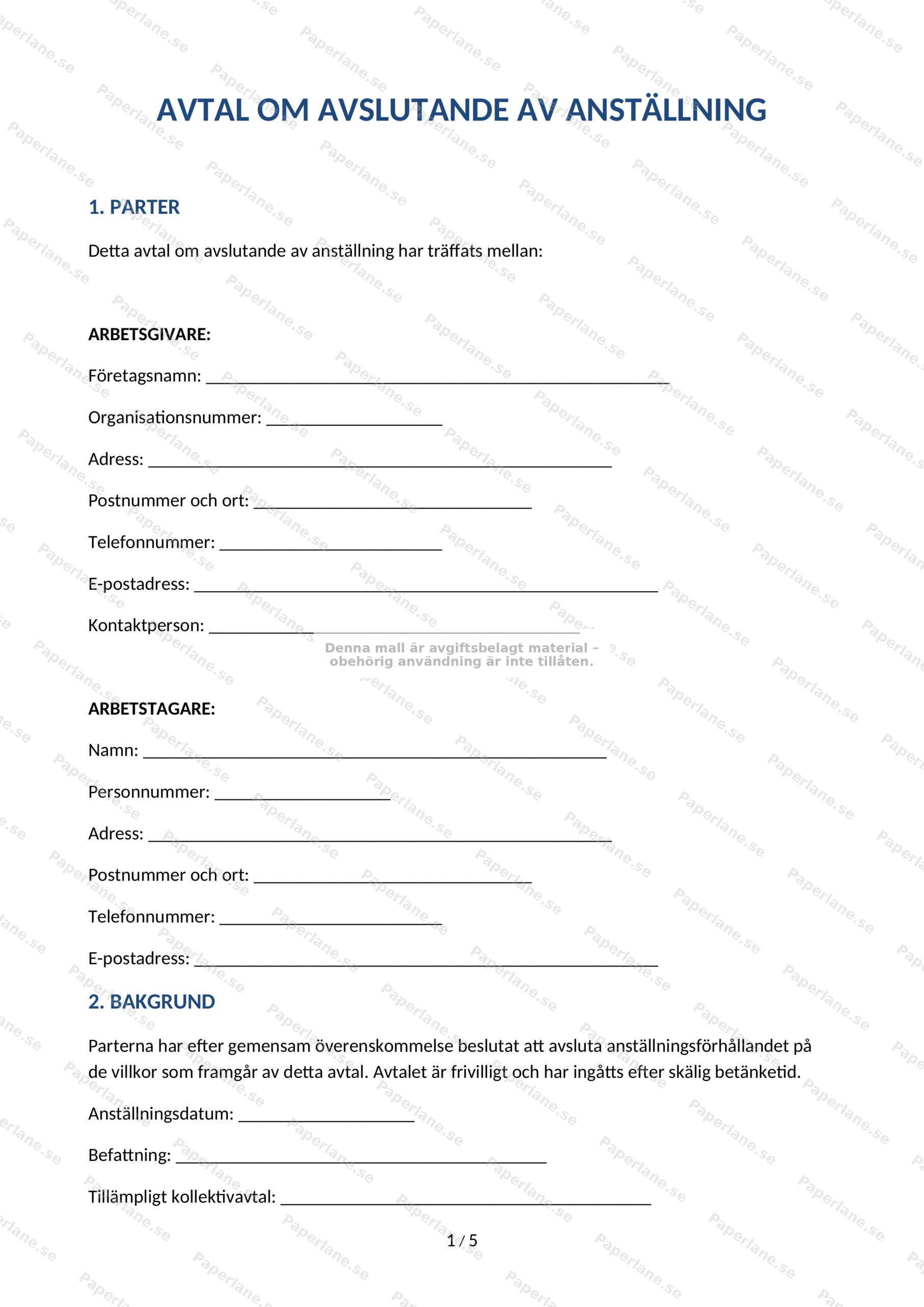 Första sidan av A4-avtal om avslutande av anställning (sida 1 av 5)