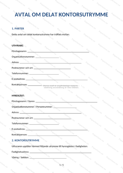 Första sidan av A4-avtal om delat kontorsutrymme (sida 1 av 5)