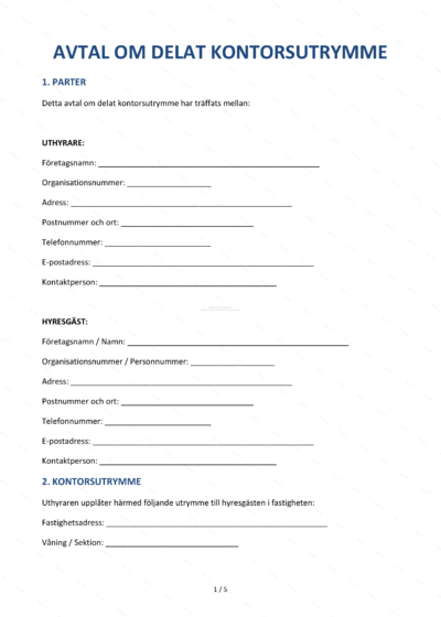 Första sidan av A4-avtal om delat kontorsutrymme (sida 1 av 5)