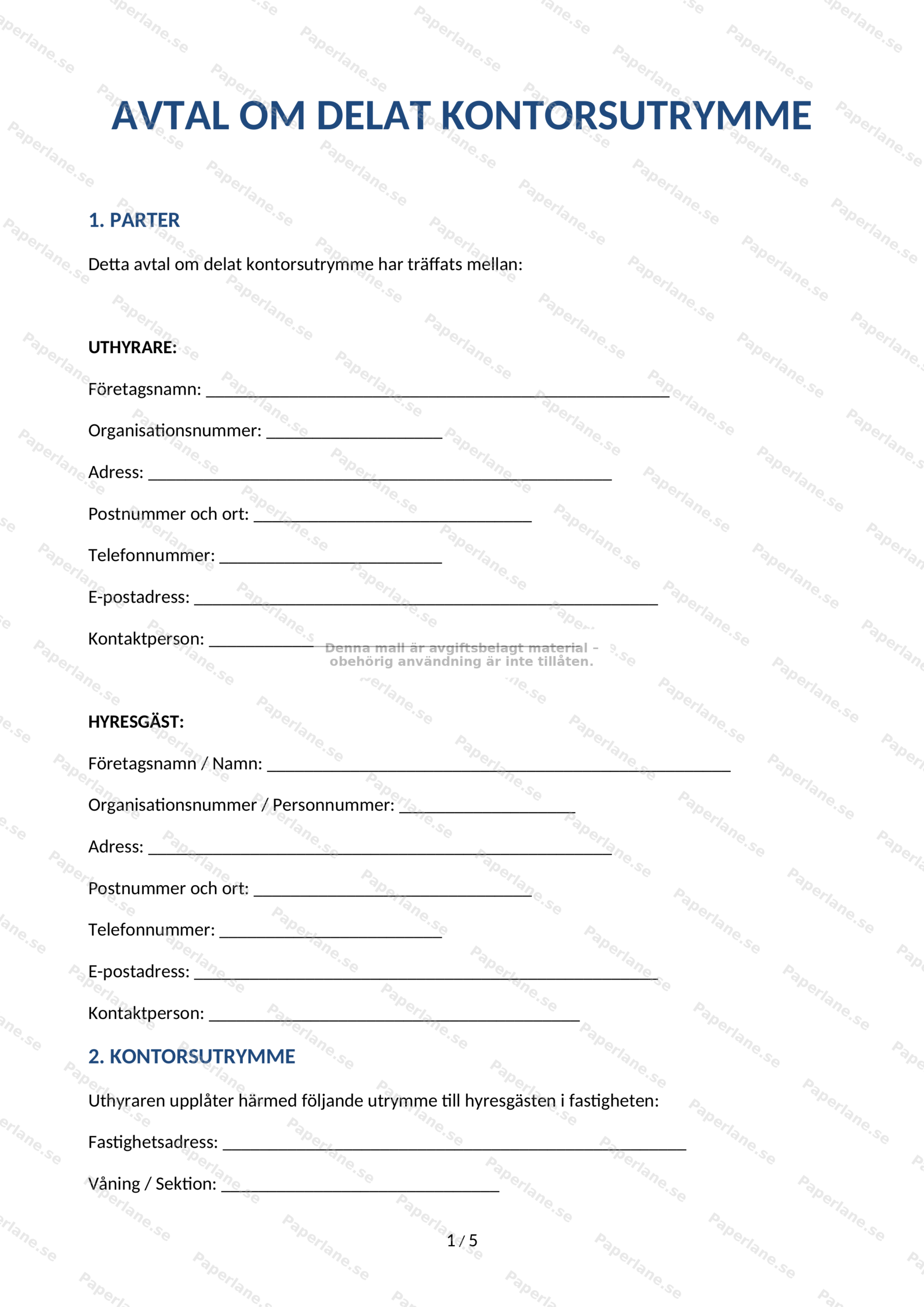 Första sidan av A4-avtal om delat kontorsutrymme (sida 1 av 5)