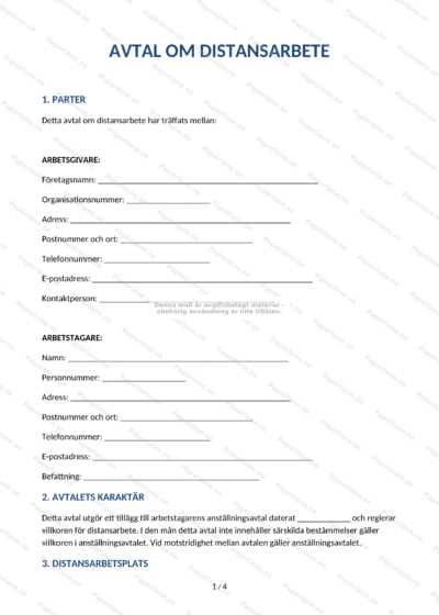 Första sidan av ett avtal om distansarbete på A4 (sida 1 av 5), utskrivet dokument.