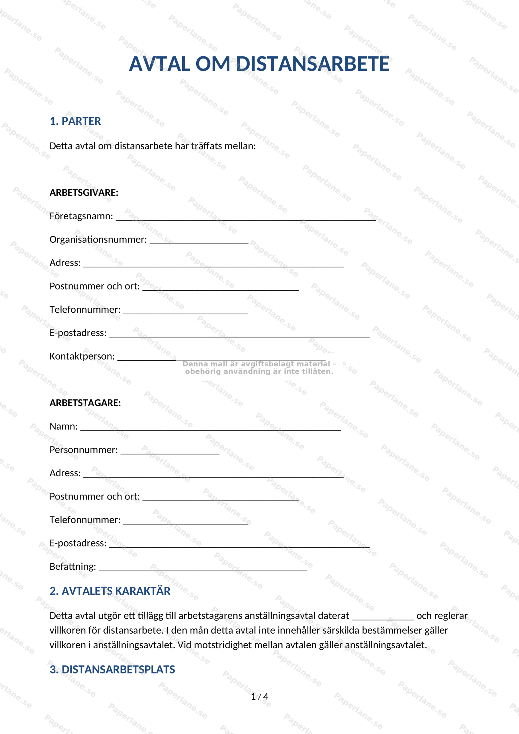 Första sidan av ett avtal om distansarbete på A4 (sida 1 av 5), utskrivet dokument.