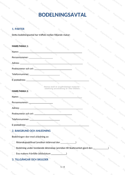 Sida 1 av 5 i avvittringsavtal på A4 – juridiskt dokument med text och underskriftsfält