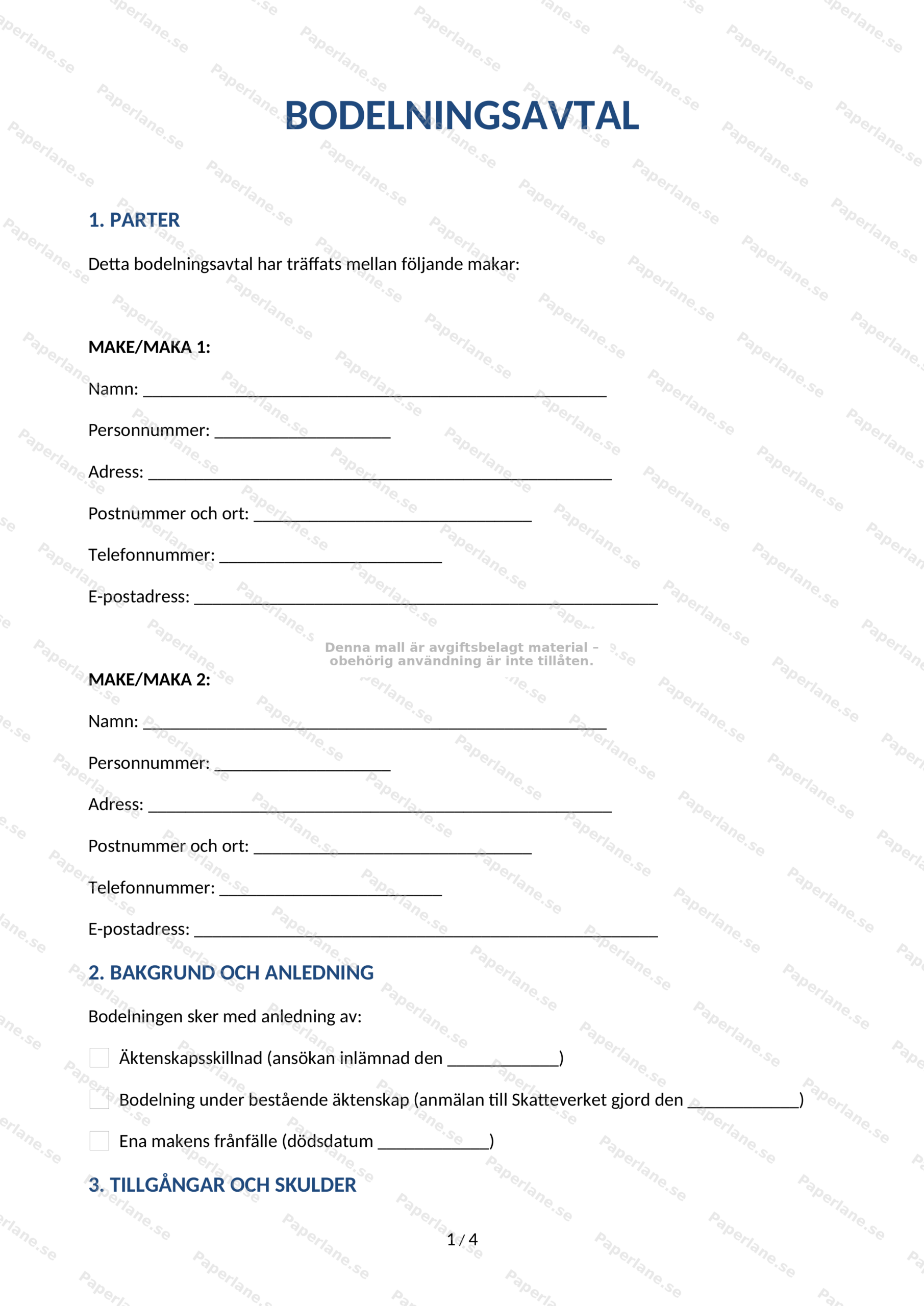 Sida 1 av 5 i avvittringsavtal på A4 – juridiskt dokument med text och underskriftsfält