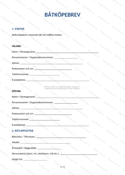 Första sidan av ett A4-båtköpebrev (sida 1 av 5) med text och underskriftsfält