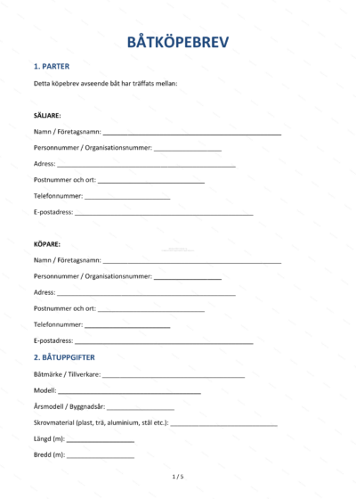 Första sidan av ett A4-båtköpebrev (sida 1 av 5) med text och underskriftsfält
