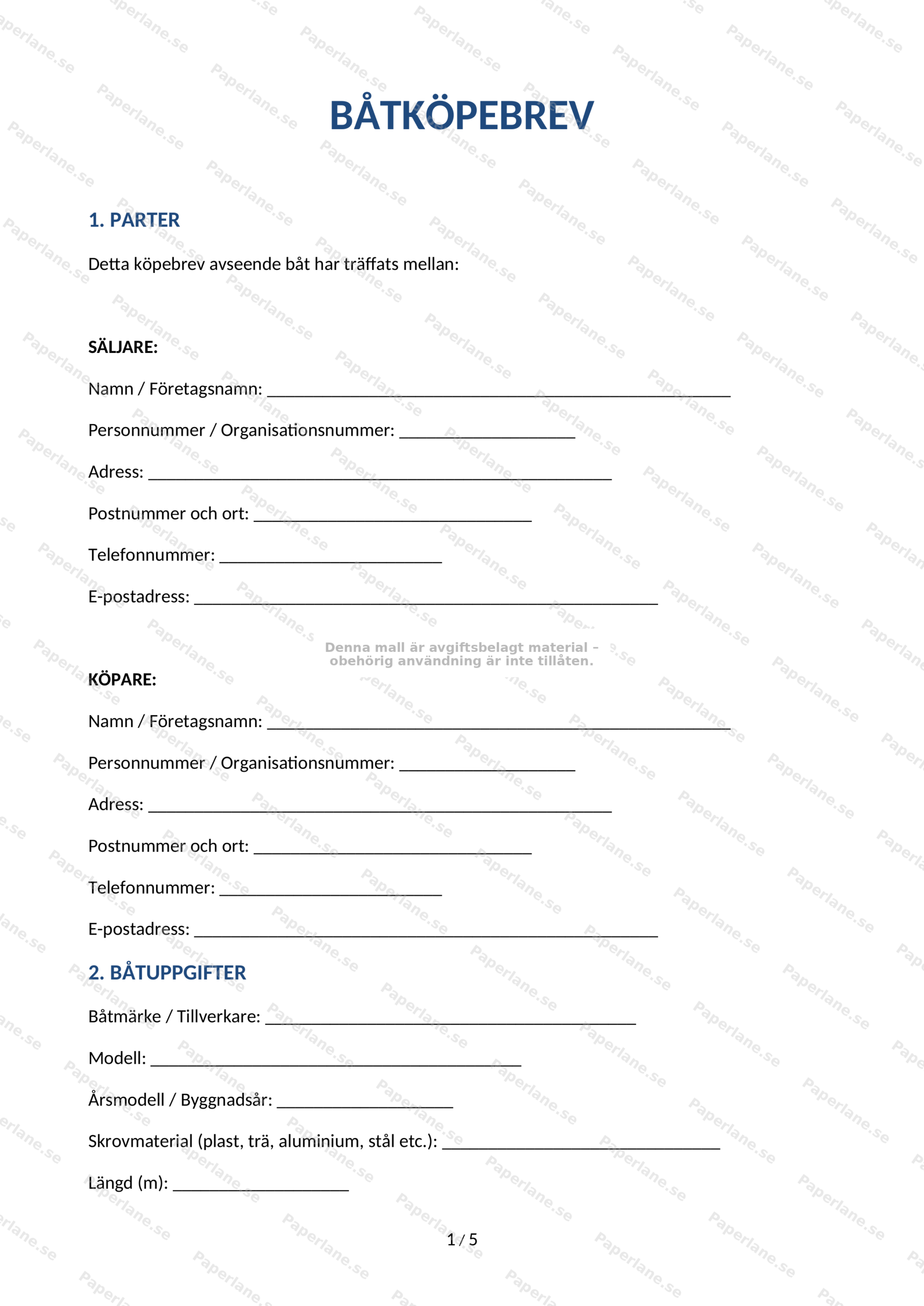 Första sidan av ett A4-båtköpebrev (sida 1 av 5) med text och underskriftsfält