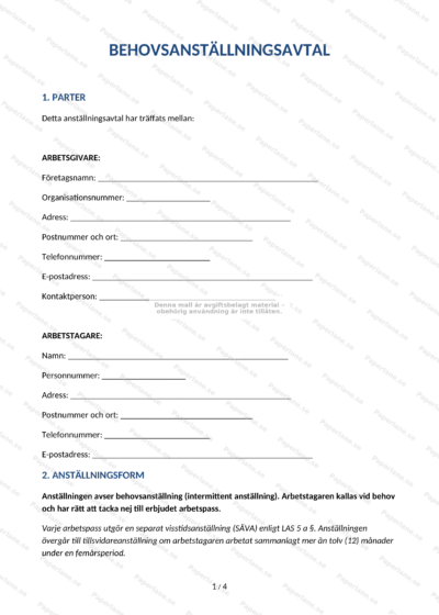 Första sidan av ett behovsanställningsavtal på A4 med rubrik, löpande text och underskriftsfält