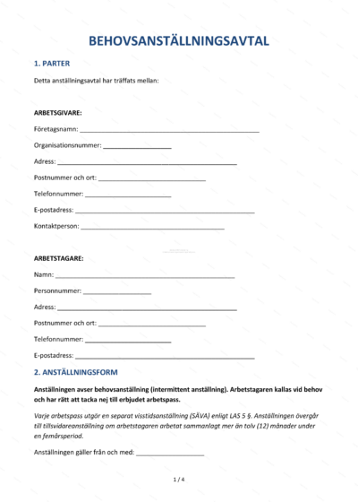 Första sidan av ett behovsanställningsavtal på A4 med rubrik, löpande text och underskriftsfält