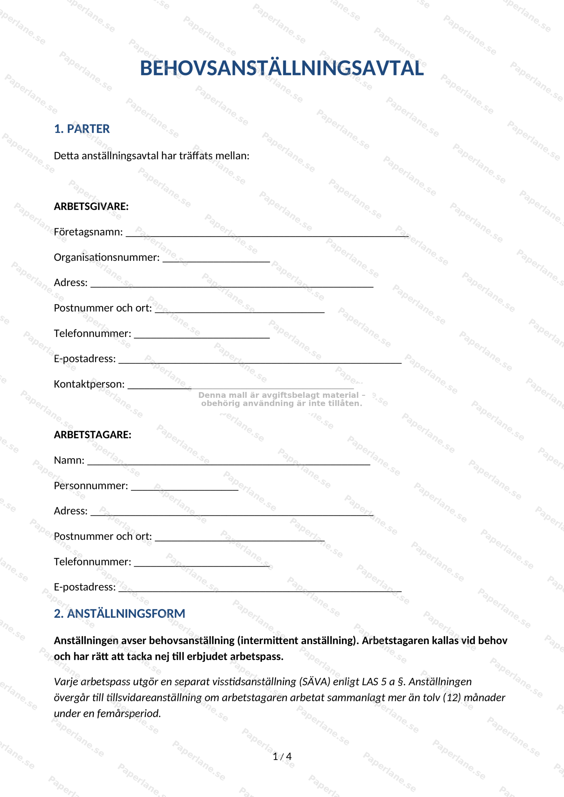 Första sidan av ett behovsanställningsavtal på A4 med rubrik, löpande text och underskriftsfält