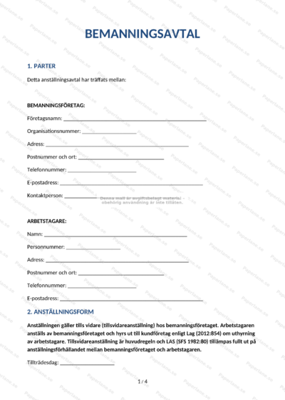 Första sidan av ett bemanningsavtal (A4), sida 1 av 5, utskrivet dokument med rubriker och stycken