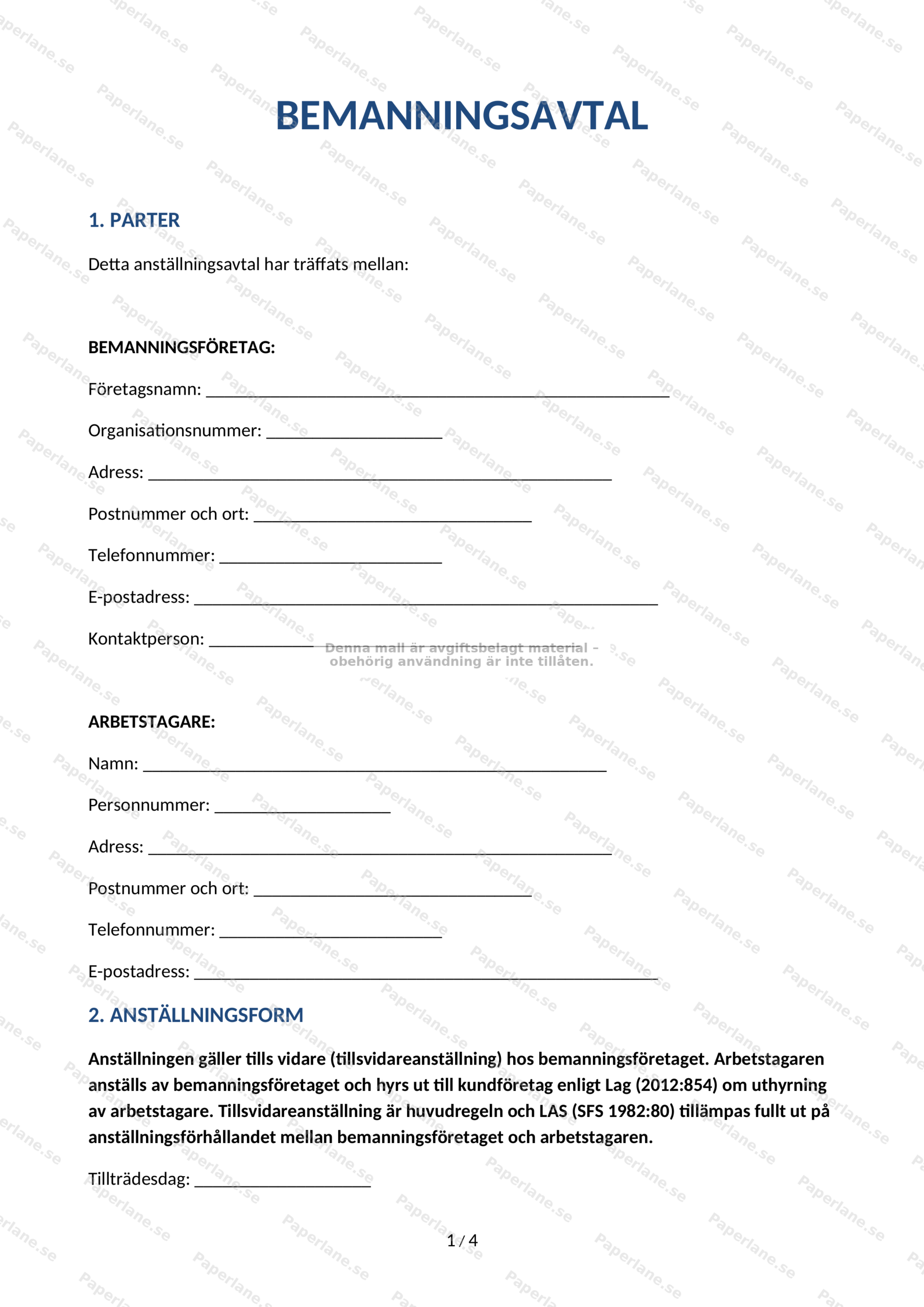 Första sidan av ett bemanningsavtal (A4), sida 1 av 5, utskrivet dokument med rubriker och stycken