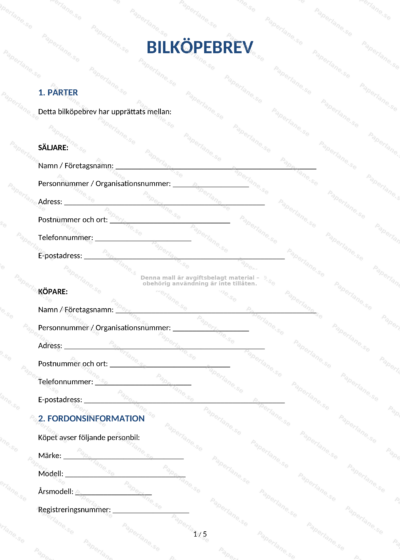 A4-dokument: bilköpebrev, sida 1 av 5, med text och ifyllnadsfält för köpeavtal och underskrifter