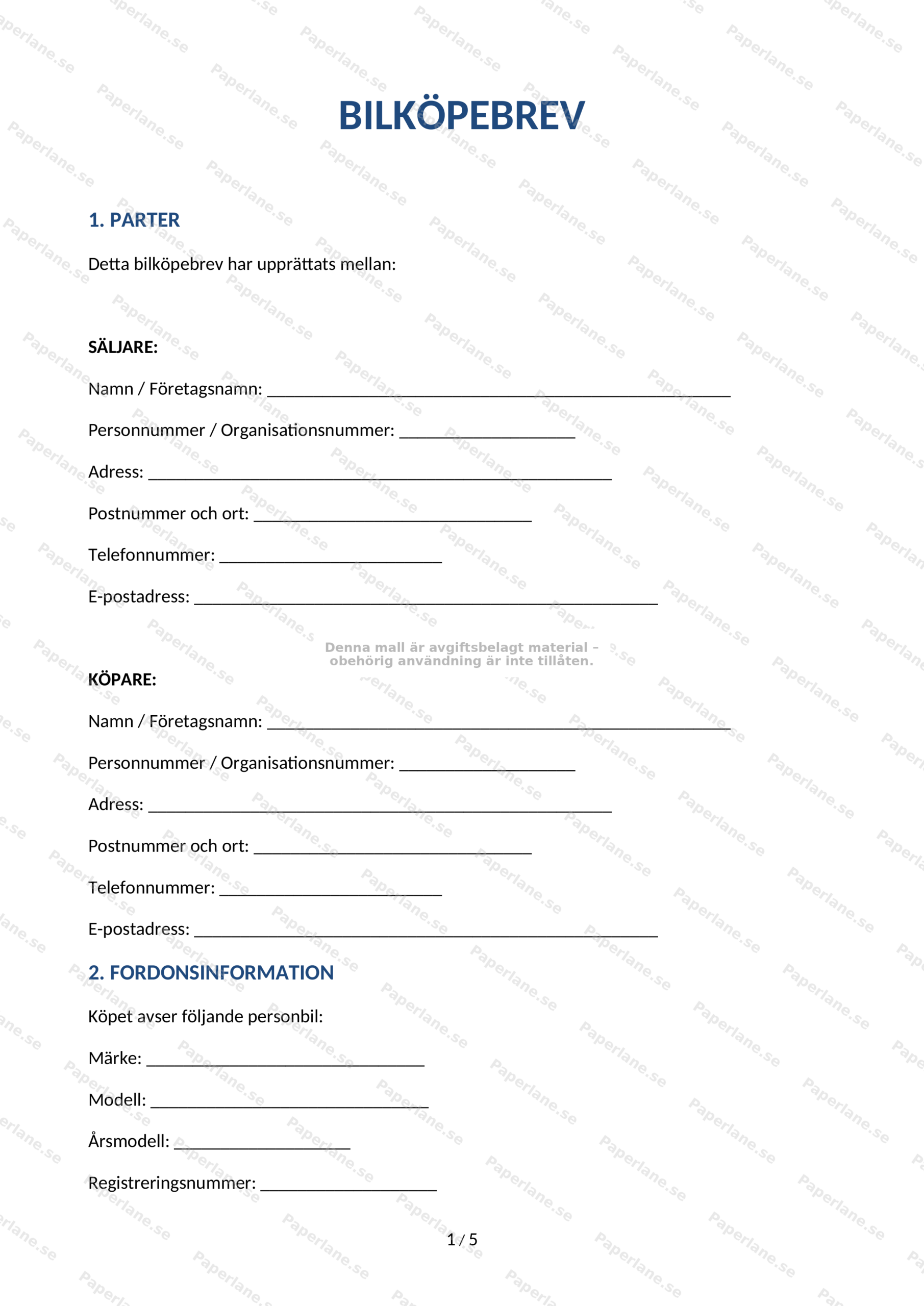A4-dokument: bilköpebrev, sida 1 av 5, med text och ifyllnadsfält för köpeavtal och underskrifter