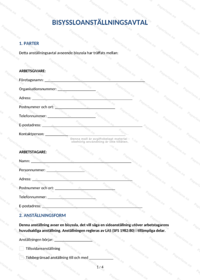 A4-sida 1 av 4: anställningsavtal om bisyssla