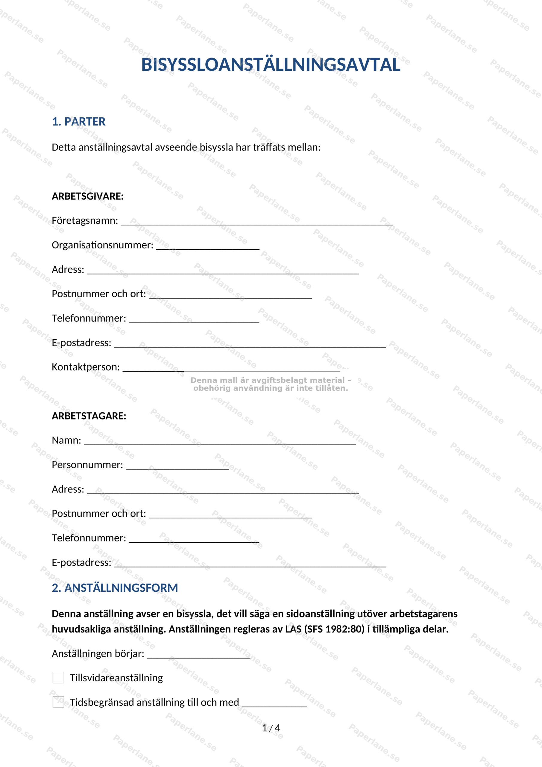 A4-sida 1 av 4: anställningsavtal om bisyssla