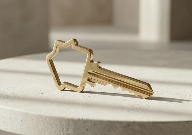 Bloggbild om fastigheter: modern villa med säljskylt och mäklare som håller nyckel